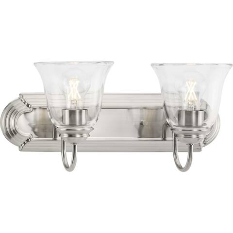Two-Light Brushed Nickel Transitional Bath and Vanity Light with Clear Glass for Bathroom - Medium