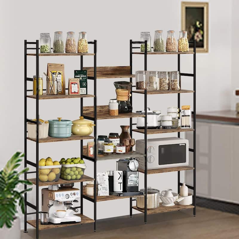 Triple Wide 5 Tier Bookshelf, Industrial Large Bookshelf with 4 Open Display Shelves - Brown