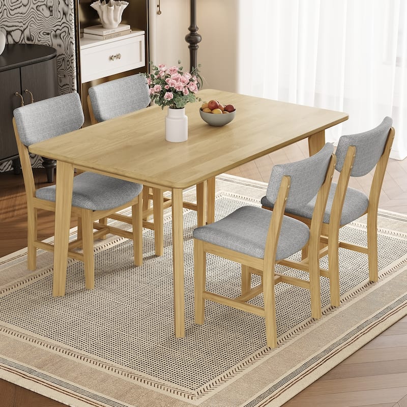 Rustic 5-Piece Farmhouse Dining Set - Solid Wood Table & 4 Upholstered Chairs for Kitchen, Dining Room - Natural