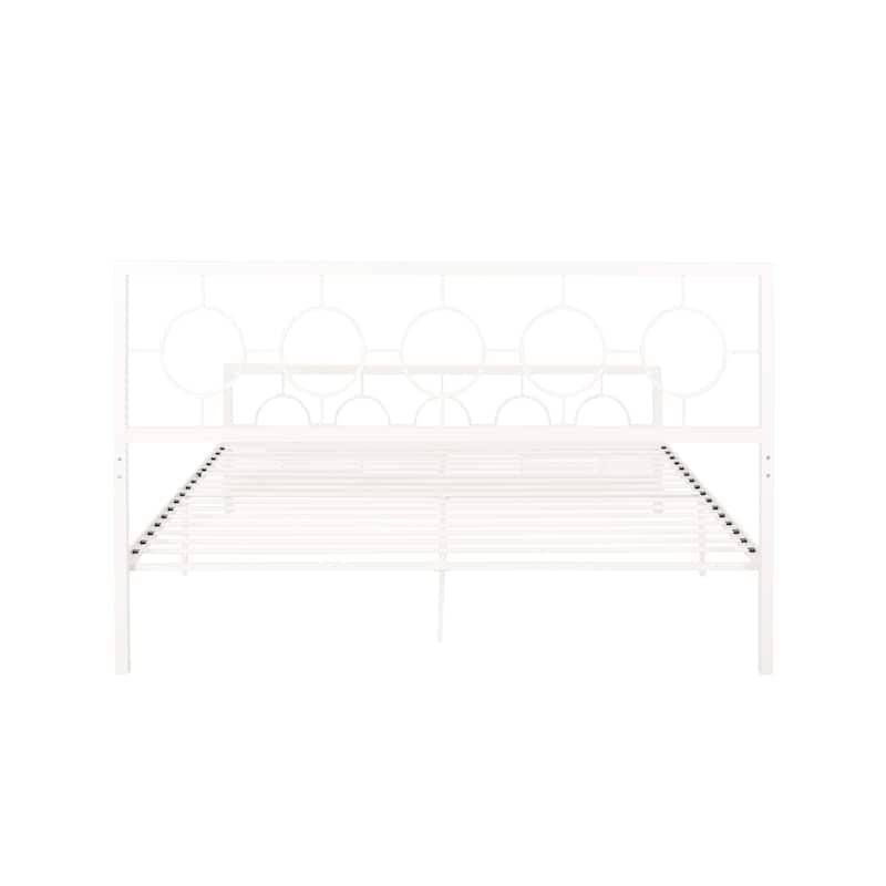 Roomfitters King Size Metal Platform Bed Frame with Headboard and Footboard, Modern Circle Design, White