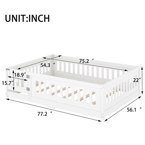 dimension image slide 3 of 4, Low Montessori Floor Bed, Solid Wood Bed Frame with Fence & Door, Playhouse Floor Bed with Safety Guardrails