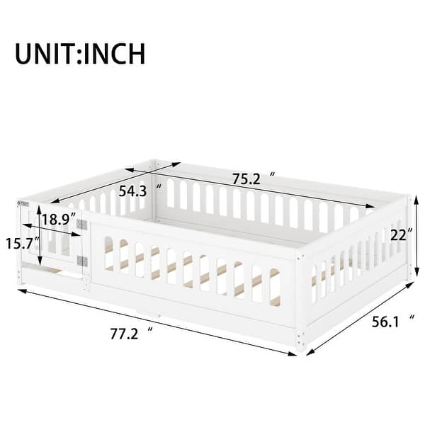 dimension image slide 6 of 8, White Bed Frame Montessori Bed Twin Size Toddler Floor Bed with Guardrails and Door for Children Boys Girls Kids Playroom