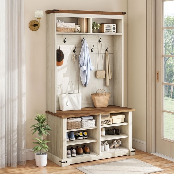 Moasis Farmhouse Hall Tree with Bench and Shoe Storage with 10 Hooks for Entryway 39 inch Rustic Oak