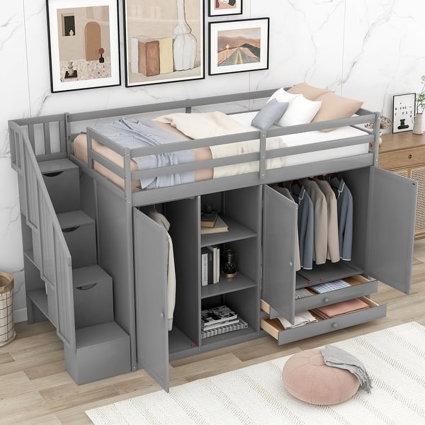 slide 2 of 30, Loft Kids Bed with Wardrobes, Drawers, Ladder Storage, Shelves, No Box Spring Needed, Grey Grey