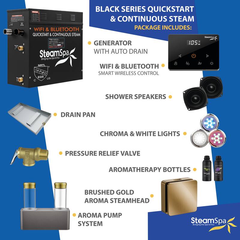 Black Series 7.5KW Steam Bath Generator with Wireless Remote, Bluetooth, WIFI, and Dual Aroma Pump - 7.5 KW
