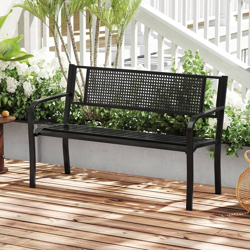 Black Metal Garden Bench with Patterned Backrest and Curved Armrests - 50" L × 23" W × 32" H