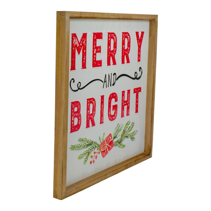 16" White Red "MerryBright" Metal Christmas Sign Wood Frame Wall Decor