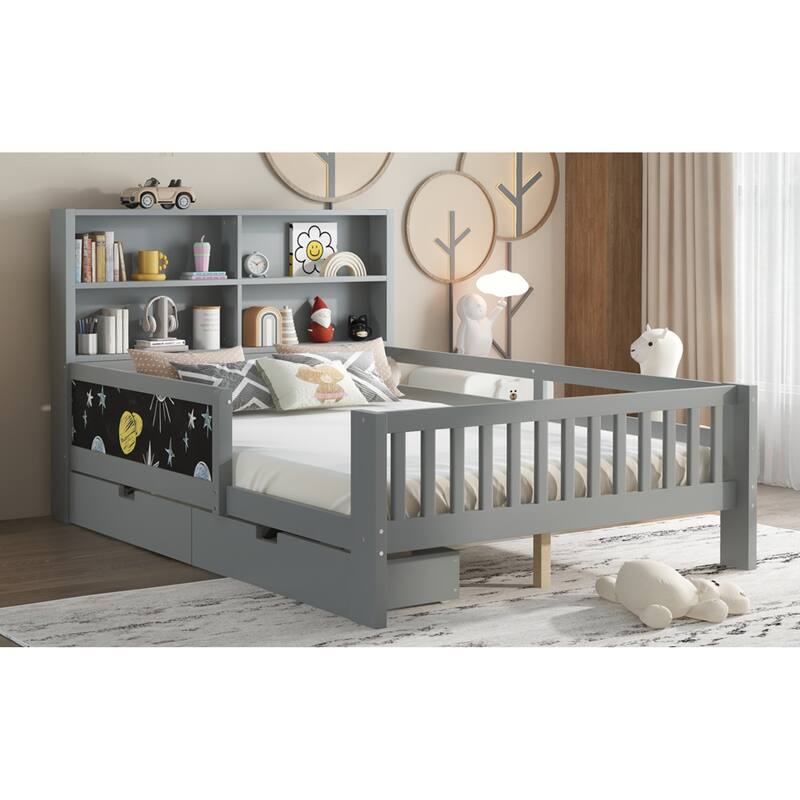 Roomfitters Platform Bed with Chalkboard Headboard, Storage Drawers and Shelves, Solid Wood Frame
