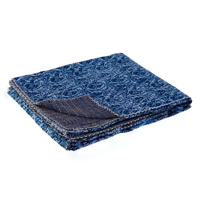 HomeRoots 50" X 70" Blue Paisley Cotton Quilted Kantha Throw Blanket with Embroidery