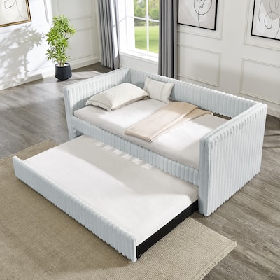 Corduroy Fabric Daybed Twin Size Upholstered Panel Frame Sofa Bed with Pull-out Trundle Bed, Low-Profile Platform Day Bed