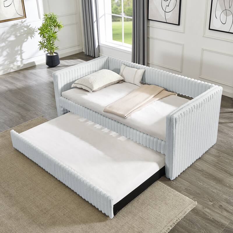 Twin Size Daybed, Upholstered Sofa Bed, The Bottom Pulls out to Form a Bed, Plaid Corduroy Fabric - Beige