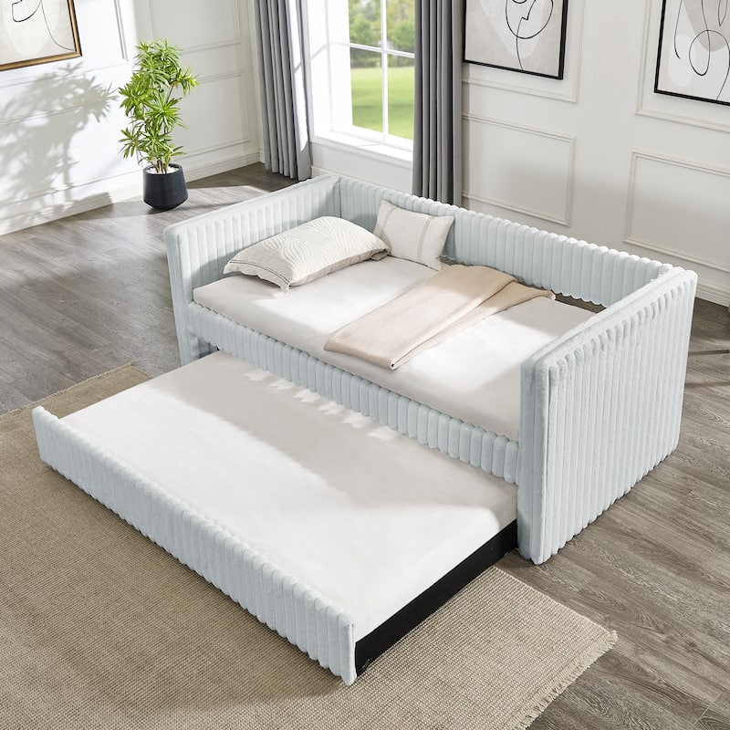 Twin Upholstered Daybed with Pull-Out Trundle, Modern Striped Corduroy Fabric Sofa Bed with Armrests, Space-Saving Sleeper