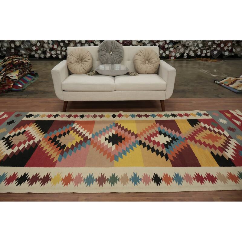 Hand Woven Oriental 100% Wool Carpet Southwestern Tribal Multi-Colored Kilim Area Rug - 11' 8'' X 5' 0''