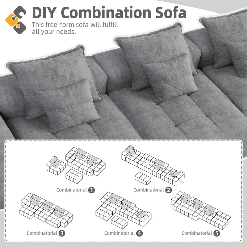 Modern Oversized Chenille Modular Sectional Sofa Tufted Sofa with 6 Pillows and Ottoman for Living Room