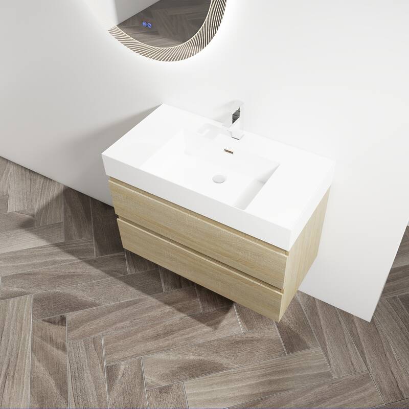 Vanity with Thick Edge Resin Sink, Soft-Close Drawers, Water-Resistant Melamine Surface (Sink and Cabinet Only)