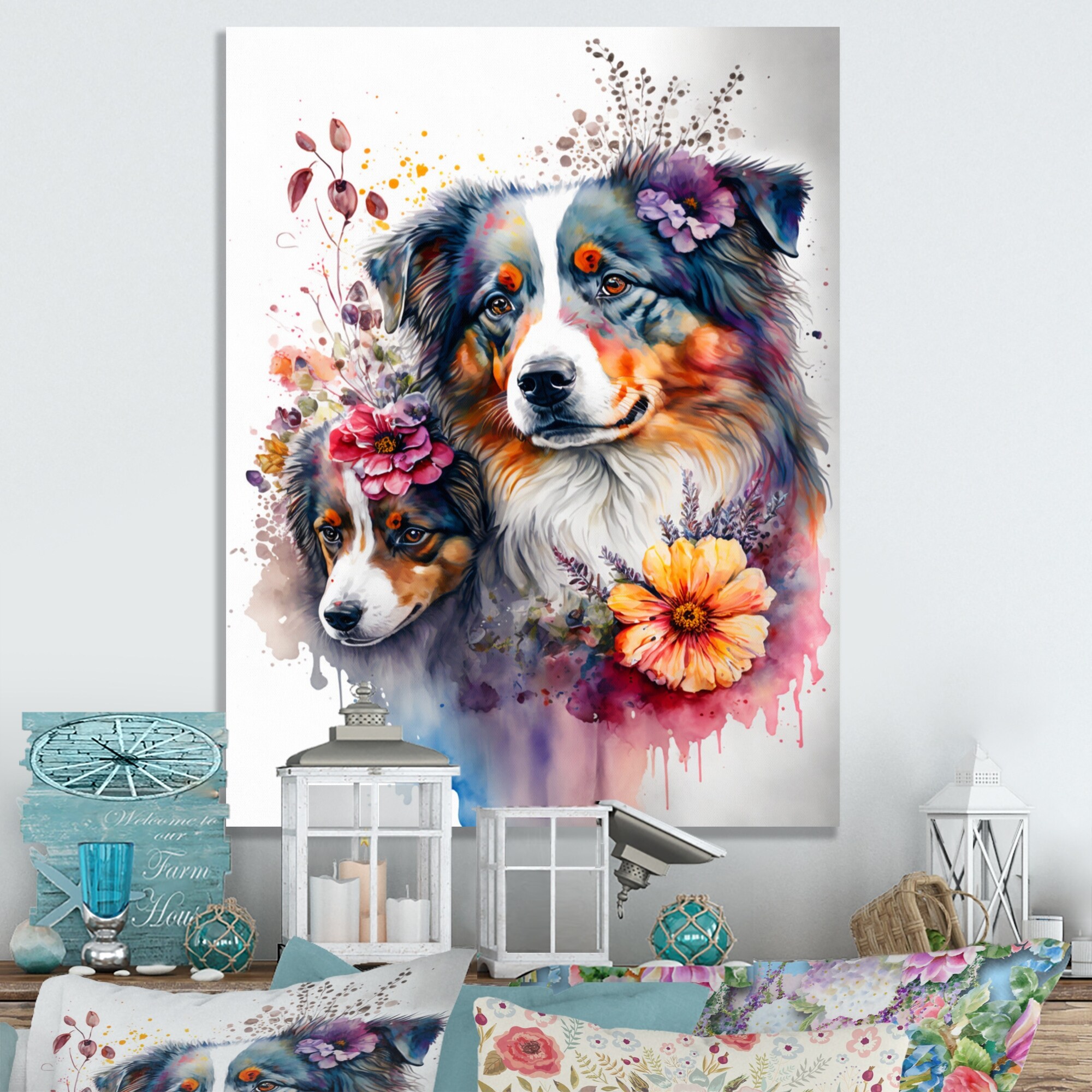 Designart Cute Australian Shepherds Floral Art II Animals Dog Australian Shepherd Metal Wall Art
