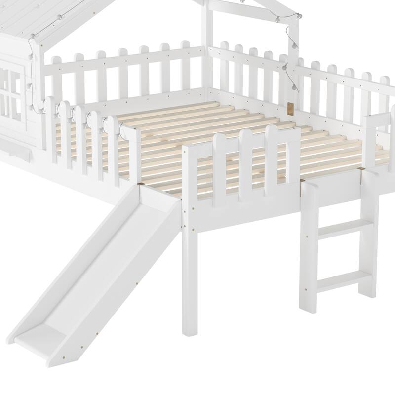 Full Size House Loft Bed with Slide,Playhouse Bed with Star Moon-shaped Designs and Window, Chic Design with LED Lights