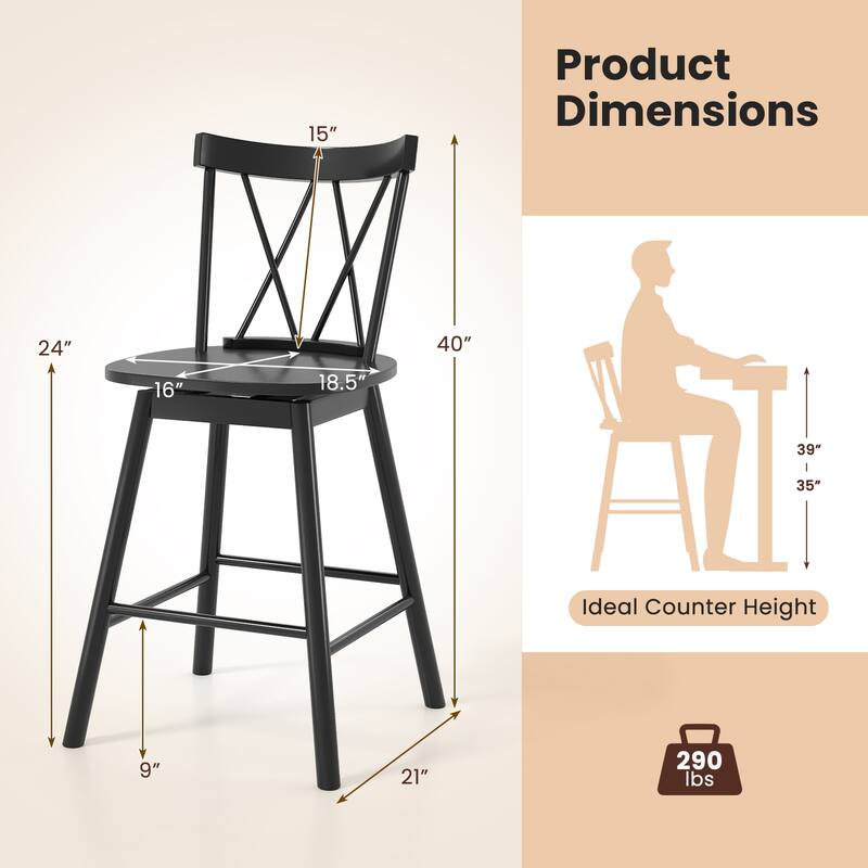Gymax Windsor Bar Stool Set of 2 24'' Swivel Rubber Wood Dining Chairs