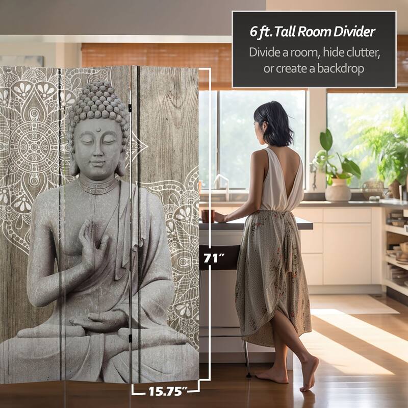 Handmade 6' Double Sided Stone Buddha Canvas Room Divider