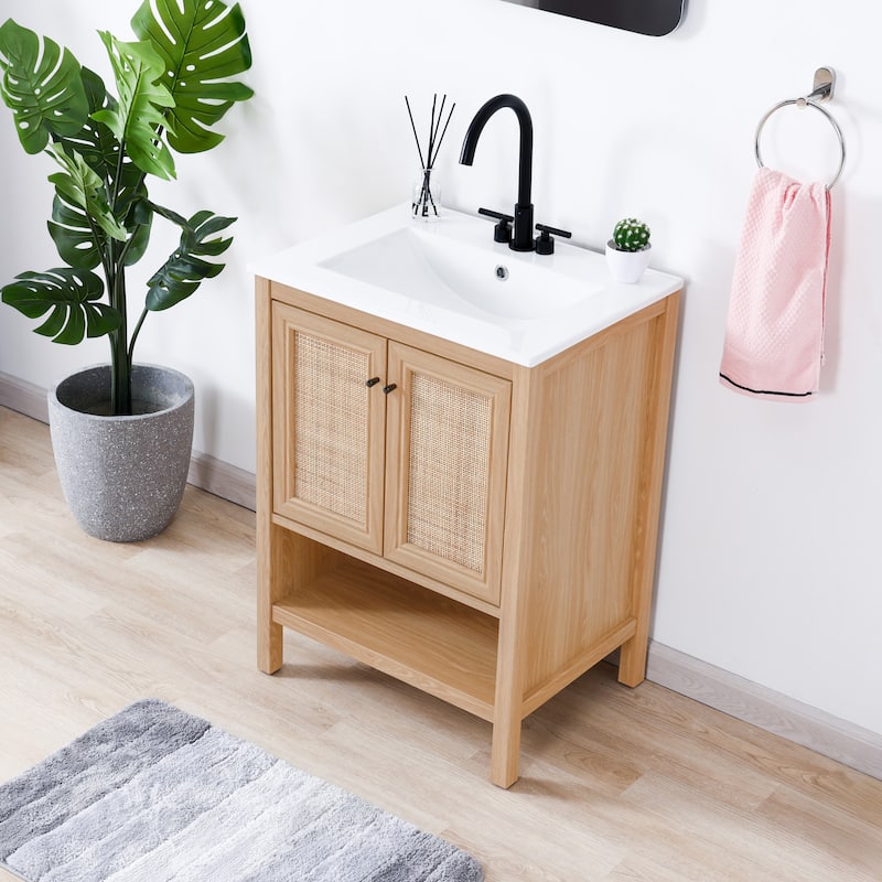Jasper Rattan Modern Coastal 2-Shelf Bath Vanity Cabinet Only (Sink Basin Not Included), By JONATHAN Y