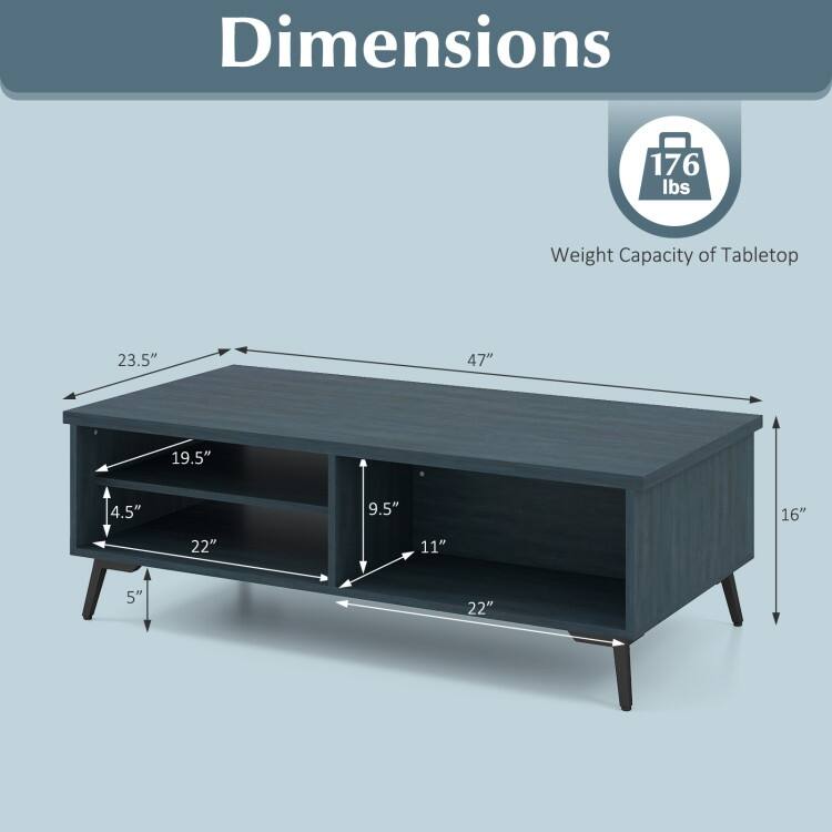 Engineered Wood Metal Coffee Table 2 Shelves 2 Compartments - 47" x 23.5" x 16"