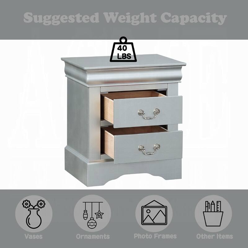 Wooden Nightstand with 2 Drawers - Grey+Silver
