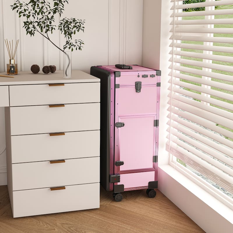 Roomfitters Portable Nail Table with LED Mirror, Lockable Drawers and Bluetooth, Folding Manicure Station on Wheels, Black - Pink