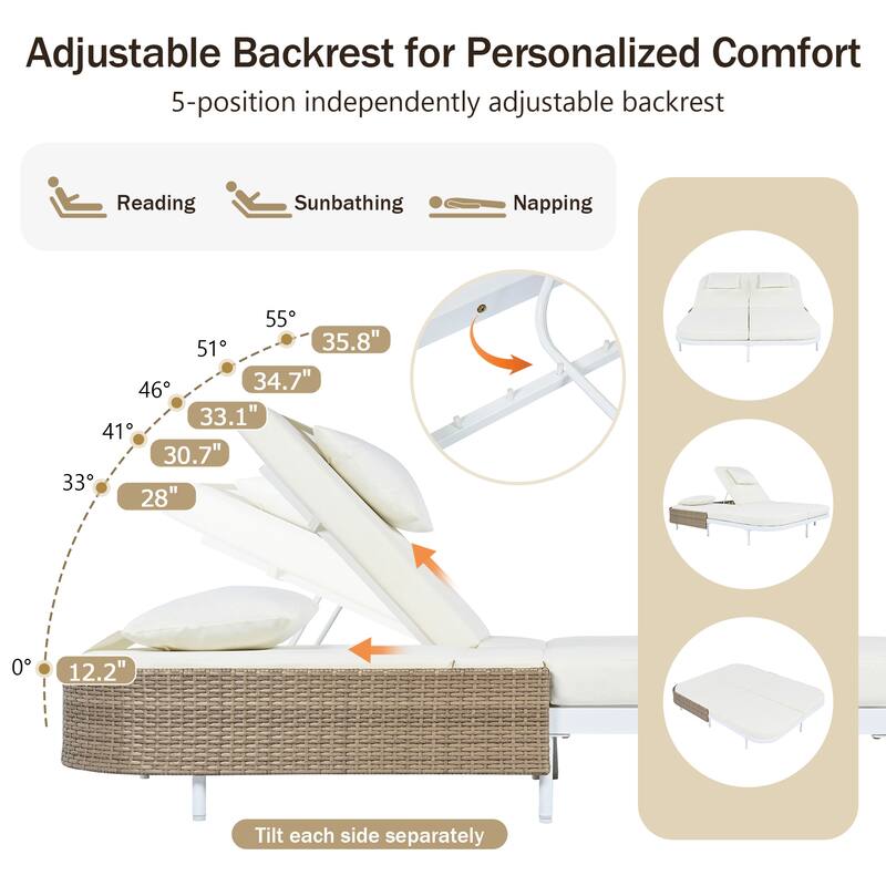 Outdoor Patio Iron Frame Double Daybed Sunbed with 5-Position Adjustable Backrest and Pillows