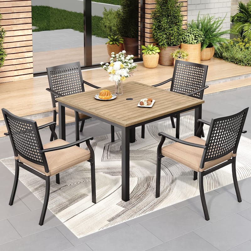 5-Piece Patio E-coating Dining Set of 4 Stackable Chairs & 1 Umbrella Hole Metal Table - Type B