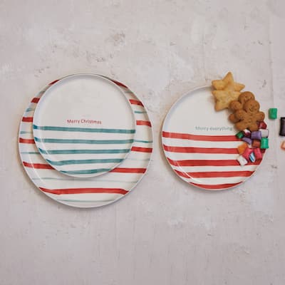 Hand-Painted Stoneware Plate Set with Stripes and Holiday Saying, Set of 2