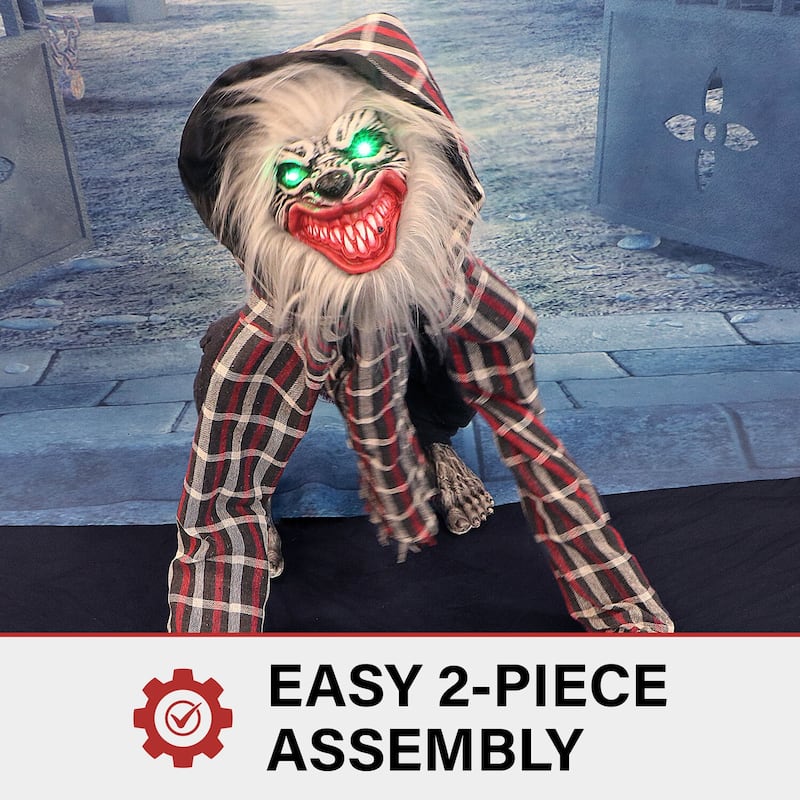 Haunted Hill Farm Smiley the Animatronic Squatting Werewolf with Movement, Sounds, and Light-Up Eyes for Halloween Decoration