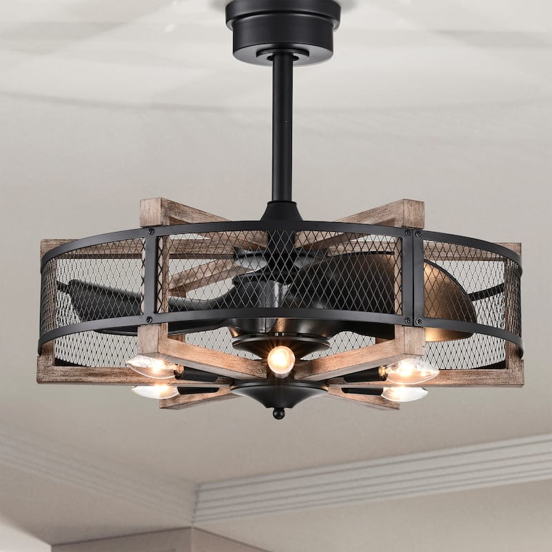 Wulf 24 Inch Imitation Wood Grain Cage Fandelier - N/A - Matte Black and Wood Grain