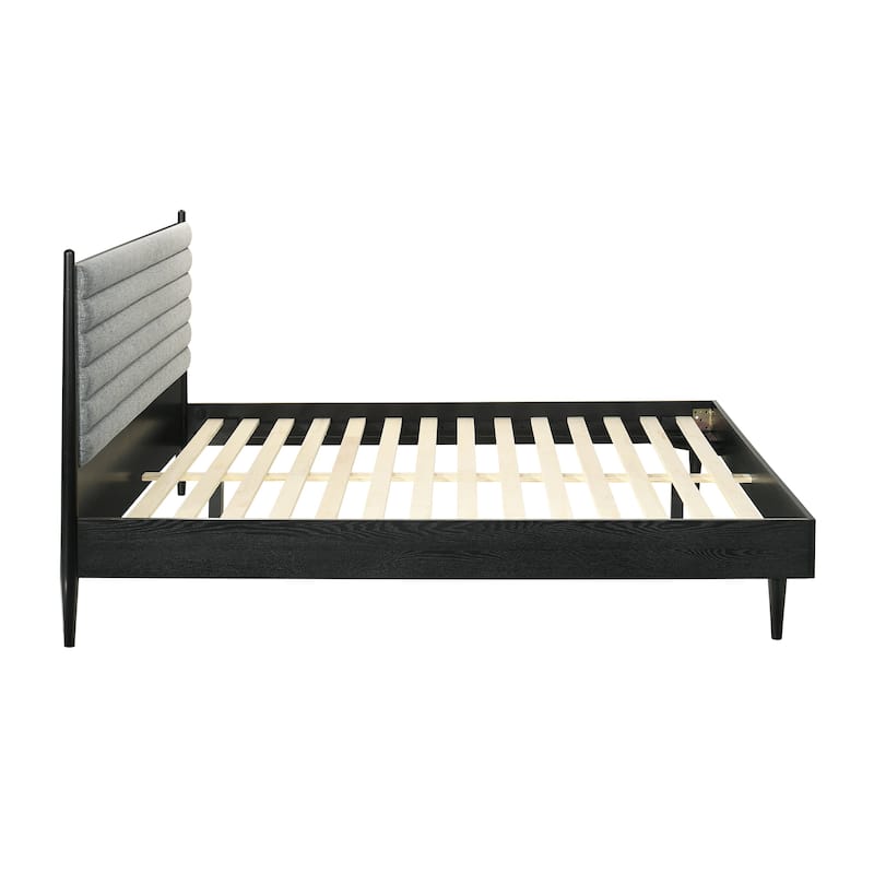Artemio Black or Walnut Wood King Platform Bedframe with Grey Upholstered Headboard