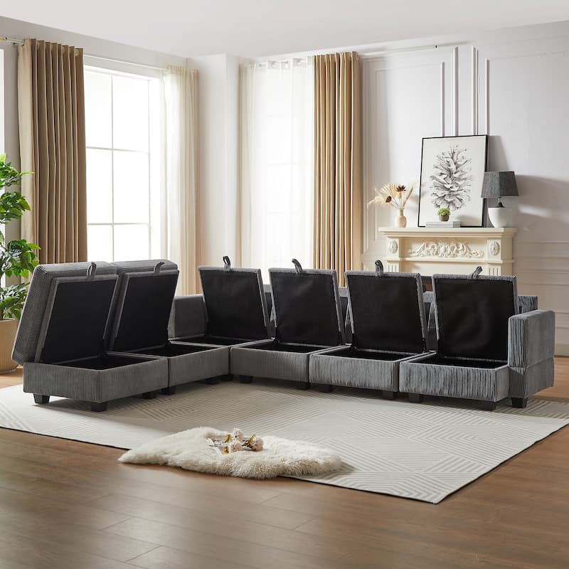 113.5" Corduroy U-Shaped Sectional Sofa with Ottoman