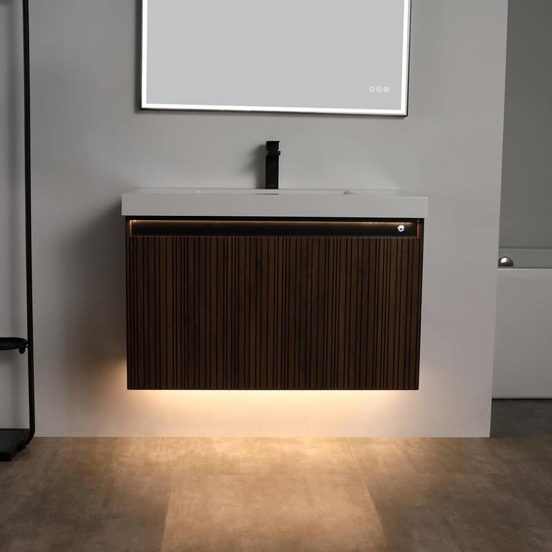 Blossom Lille Brown Walnut Floating Vanity with LED & Acrylic Sink