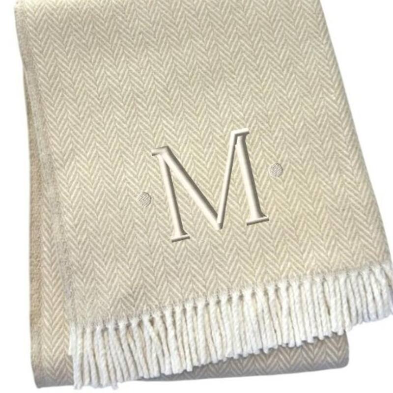 HomeRoots 55" X 70" Linen And White Herringbone Cotton Blend M Initial Throw Blanket with Tassels And Embroidery