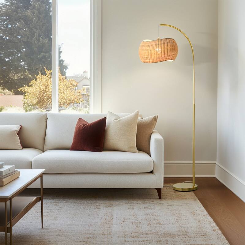 Brightech Wave 81 in. Mid-Century Modern LED Super Bright Floor Lamp with Beige Bamboo Drum Shade