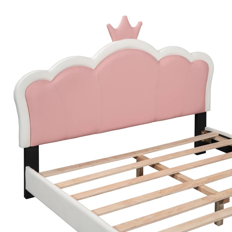 Twin Upholstered Platform Bed with Crown-Shaped Headboard, Pink & White Princess Design, Sturdy PU Leather Frame