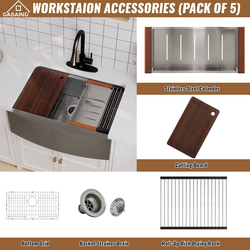 Stainless Steel Sink 16-Gauge Single Bowl Farmhouse Apron Workstation Kitchen Sink in Brushed with Accessories