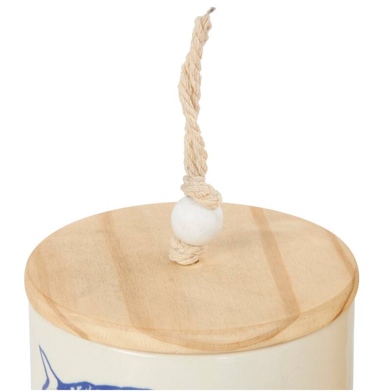 Cream or Blue Ceramic Canisters with Brown Wood Lids and Beaded Accents (Set of 3)