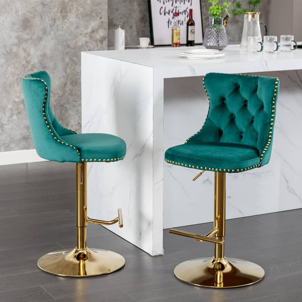 Roomfitters Swivel Velvet Bar Stools Set of 2, Adjustable Height Tufted Upholstered Counter Chairs with Gold Base