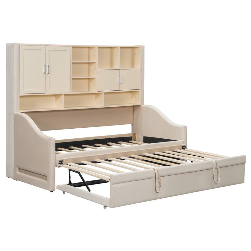 Twin Size Upholstered Daybed Sofa Bed with All-in-one Bookcase Storage Cabinets Shelves, Pull-out Lift-up Trundle, Arm Lights