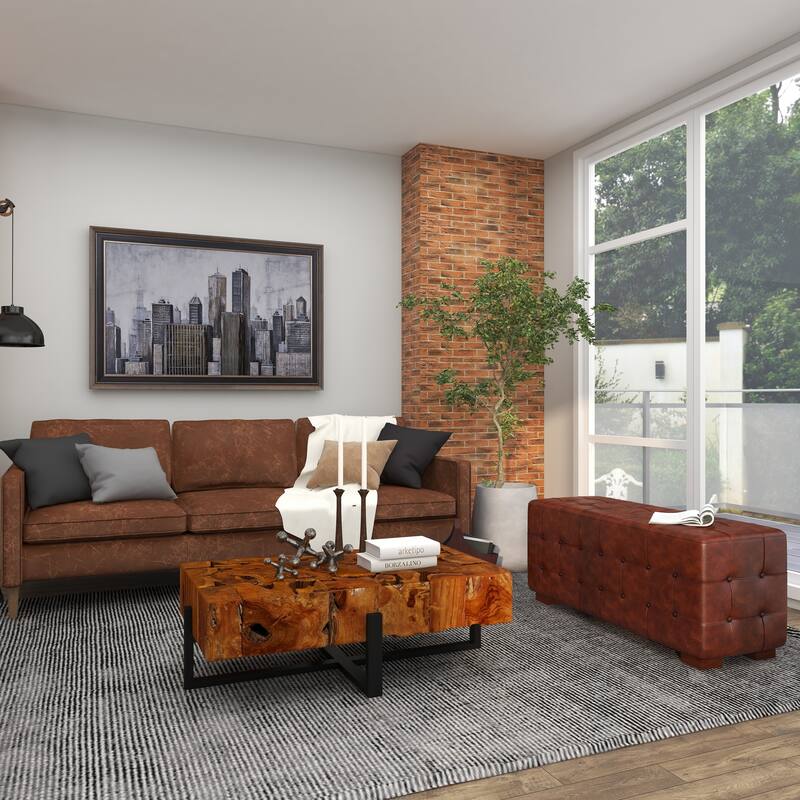 Brown Leather Tufted Upholstered Home Bench with Block Feet