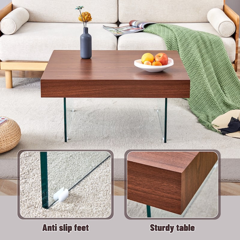 Walnut Colored Square Mdf Coffee Table - 31.5"X31.5"With Tempered Glass Legs.Density Board Sticker,Reinforced Glass Legs