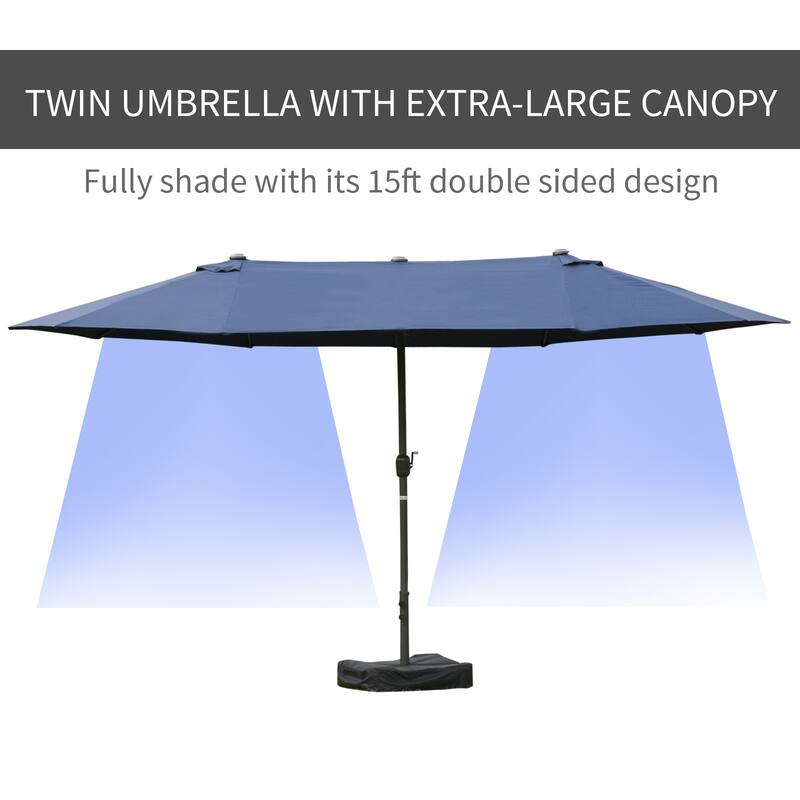 Outsunny Patio Umbrella 15' Steel Rectangular Outdoor Double Sided Market with base, UV Sun Protection & Easy Crank