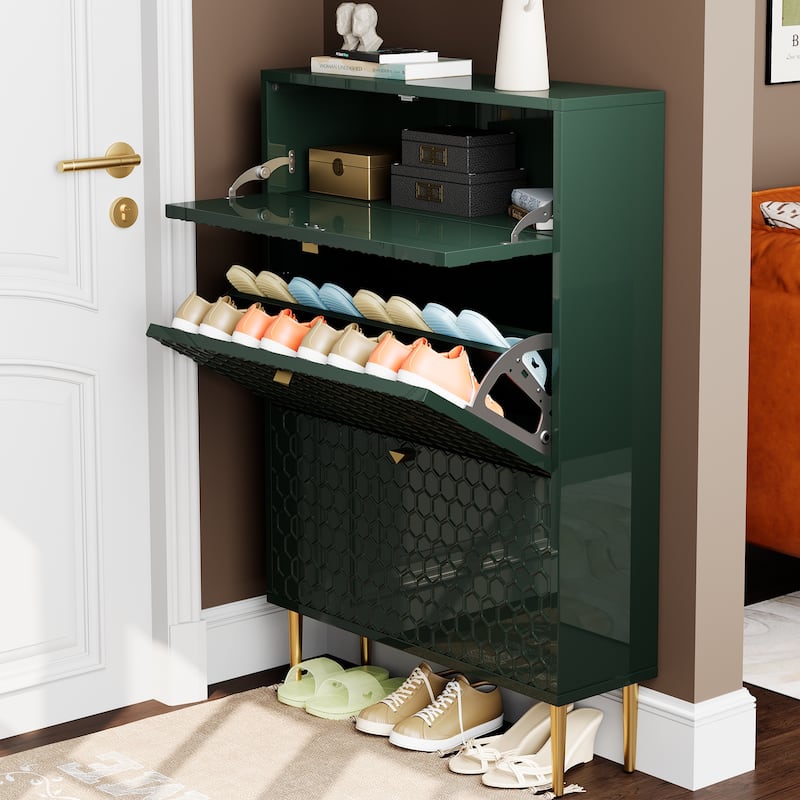 Wood 24 Pairs Shoe Storage Cabinet with 3 Flip Drawers