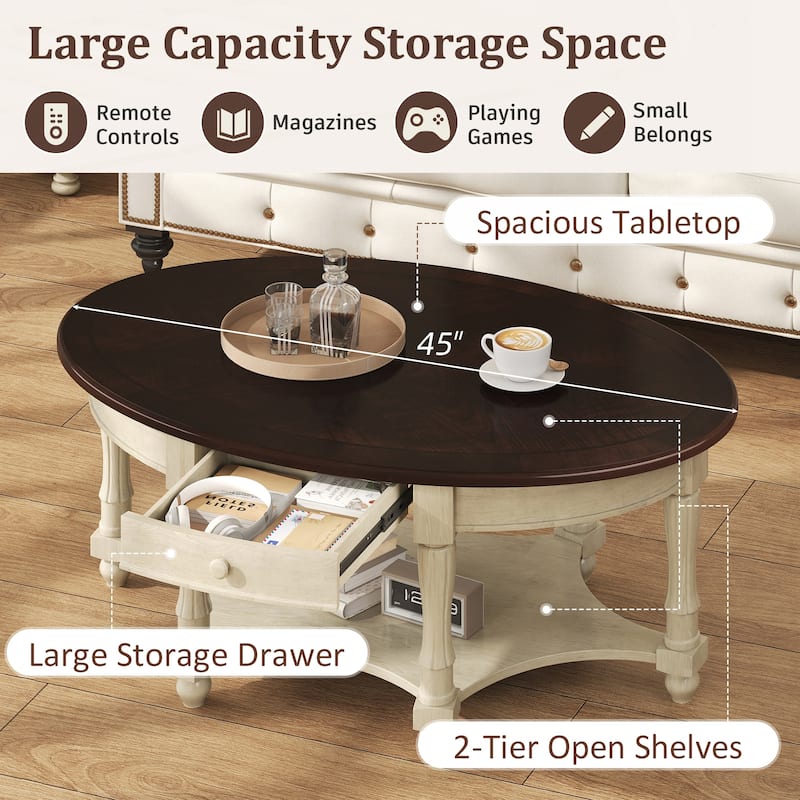 Vintage Oval Coffee Table with Drawer and Storage Shelf
