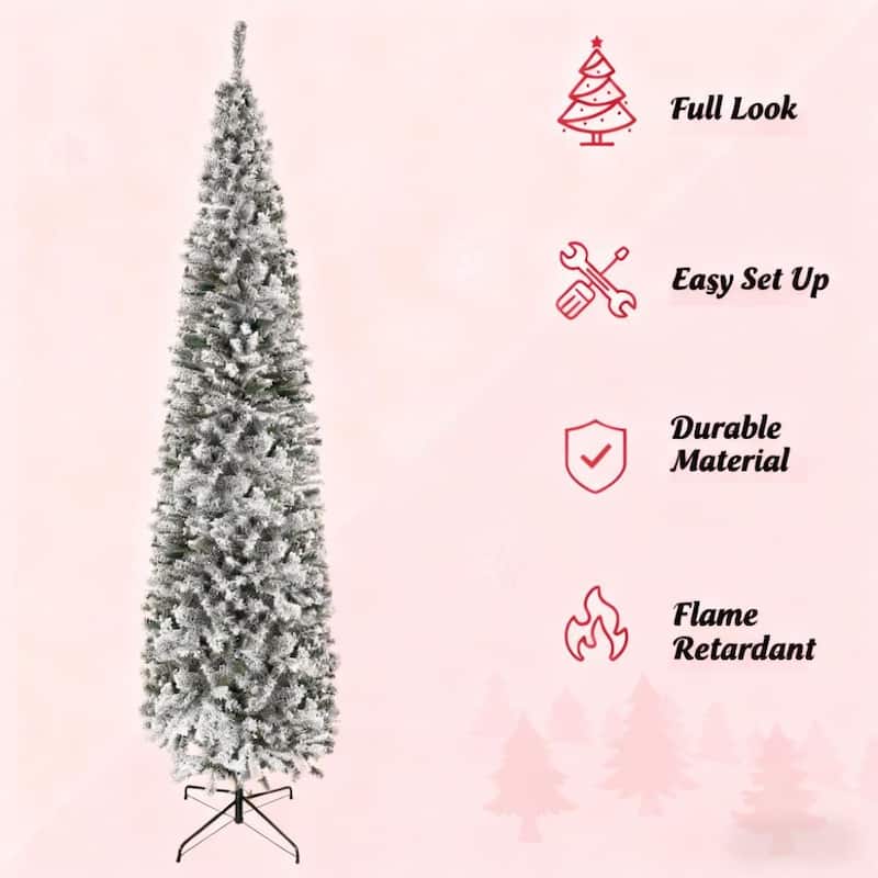Indoor Holiday Decor,9ft Flocked Christmas Tree, Pencil Artificial Xmas Tree with Faux Snow - Green