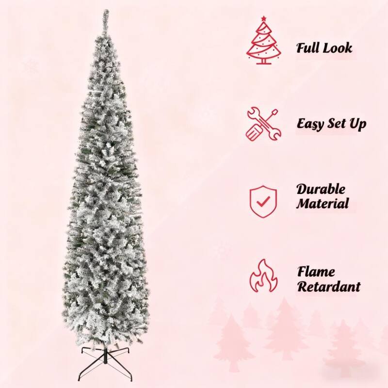 Slim Flocked Artificial Christmas Tree - Faux Snow, Pencil Shape, Indoor Holiday Decor - Green