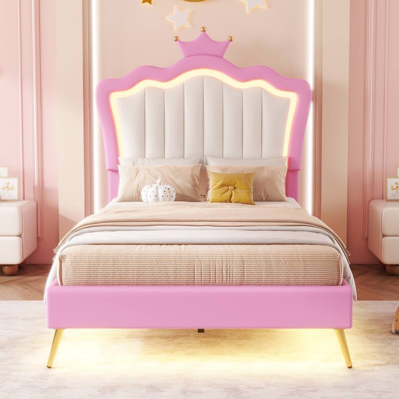 Twin Size Upholstered Princess Bed with Crown Headboard and LED Lights, Pink and White